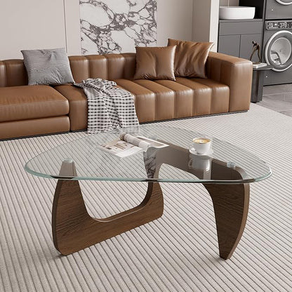 Modern Glass Coffee Table, Triangle Center Table with Tempered Glass Top& Unique Wooden Base, 31.5” Mid Century Tea Tables for Living Room, Apartment, Office,Walnut &Transparen
