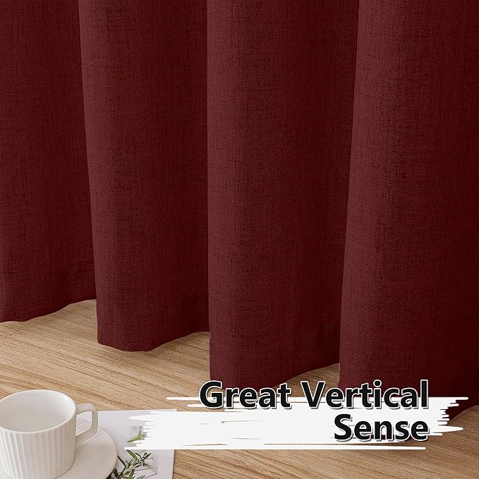 Tollpiz Linen Tier Curtains Rod Pocket Semi Sheer Short Kitchen Curtain Half Burlap Light Filtering Thick Linen Drape for Bathroom, 30 x 30 inches Long, Burgundy Red, Set of 2 Panels
