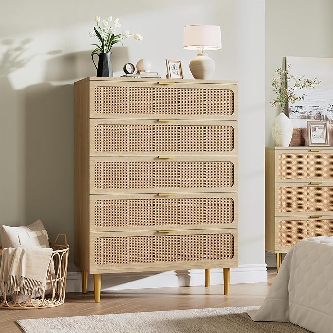 GarveeHome Rattan 5 Drawer Dressers