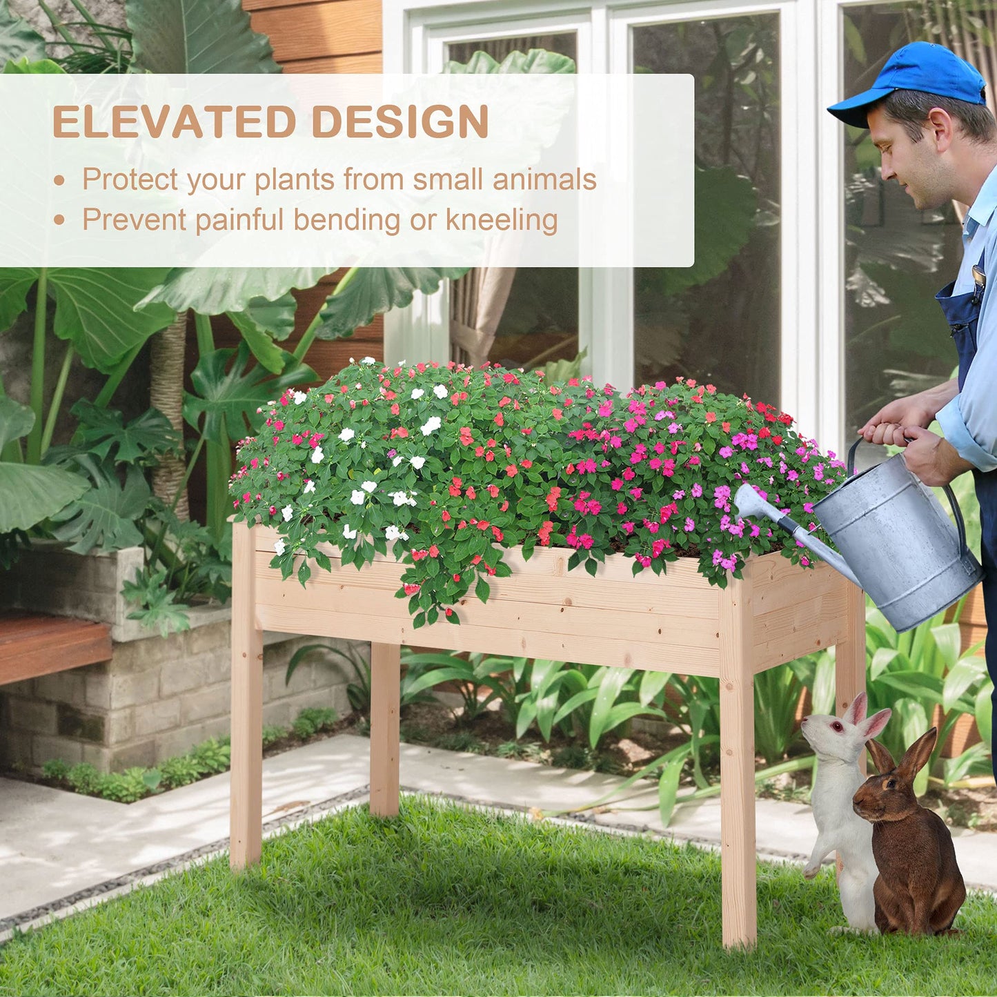 Outsunny Raised Garden Bed with Legs, 48" x 22" x 30", Elevated Wooden Planter Box, Self-Draining with Bed Liner for Vegetables, Herbs, and Flowers Backyard, Patio, Balcony Use, Natural