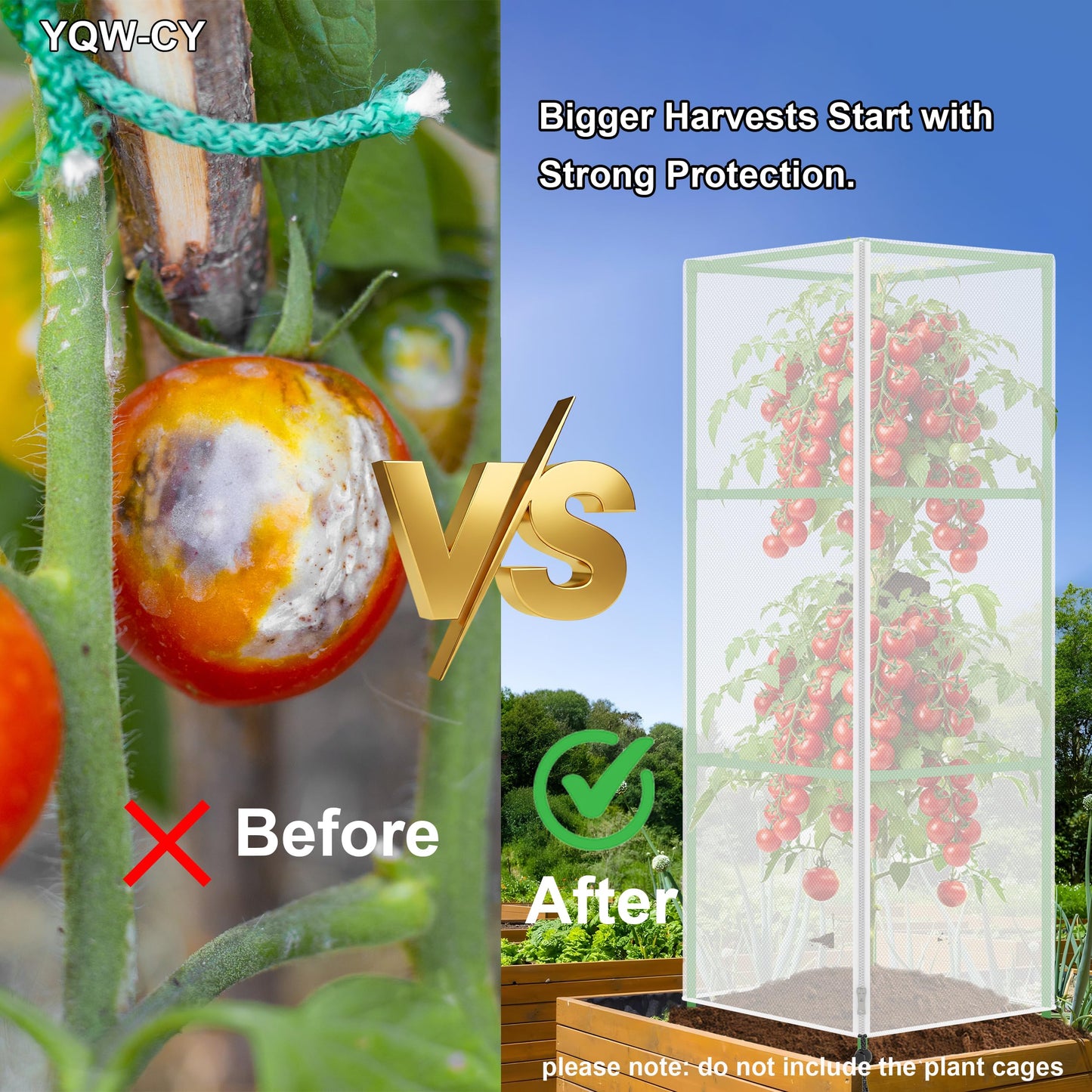 Garden Bird Netting Plant Cover for Square Tomato Cage, 59" x 17.7" Insect Barrier Tomato Cage Net with Zipper and Drawstring, Tomato Trellis Netting Protection Cover for Protecting Plant (3 Pack)