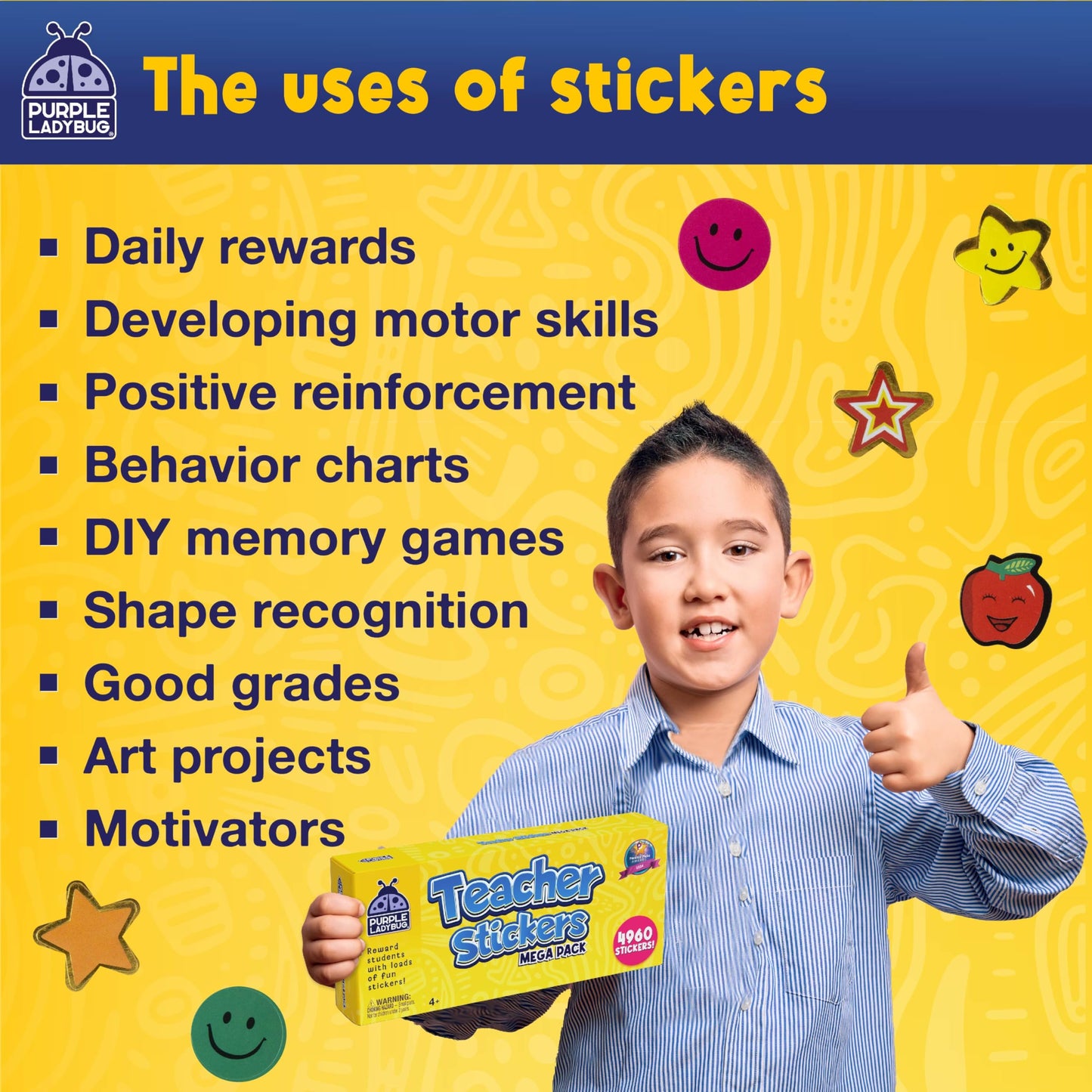 PURPLE LADYBUG Teacher Stickers for Students - 4960 Reward Stickers for Kids Classroom Supplies, Teacher Must-Haves for Classroom Reward Charts, Star, Back to School Gift