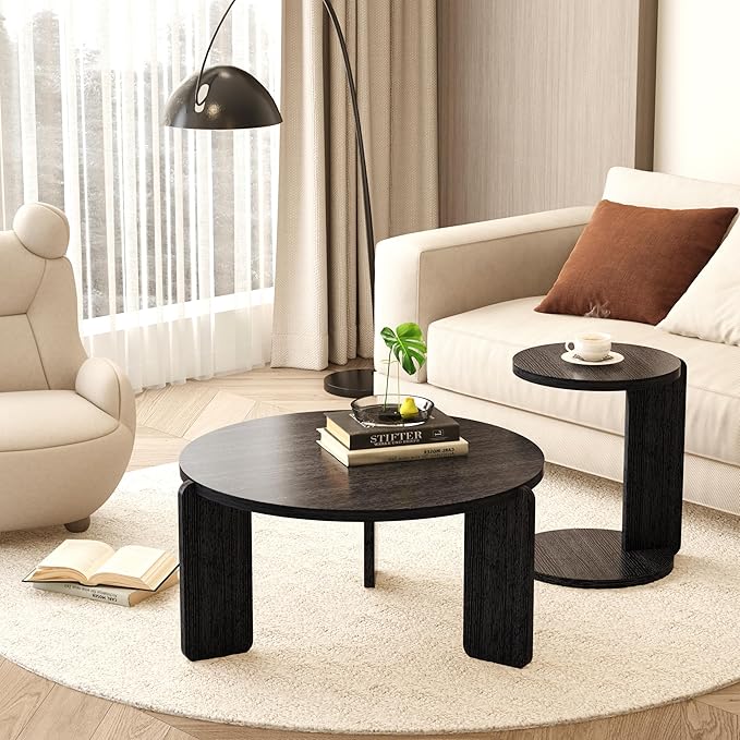 GDFStudio Round Nesting Coffee Table Set of 2, Modern Wooden Accent Side Table