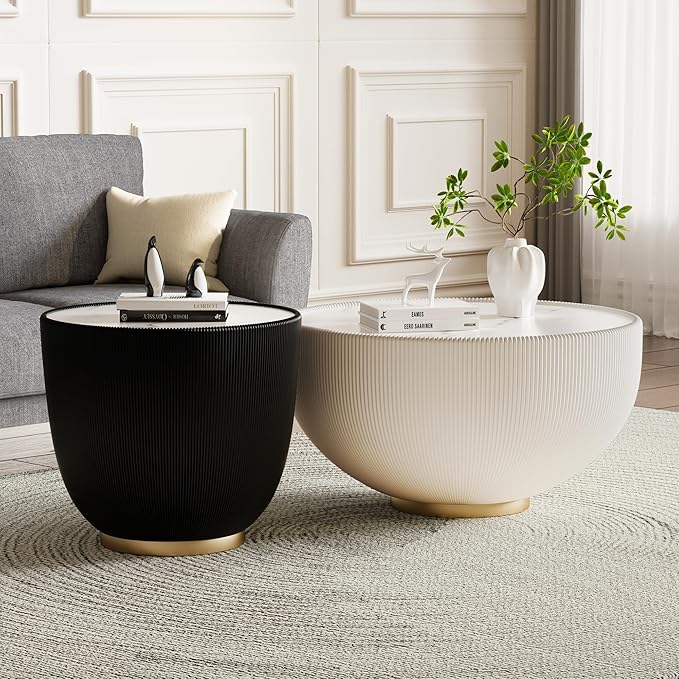 SSLine Bowl-Shape Coffee Table Modern Sintered Stone Top Coffee Table in Cream