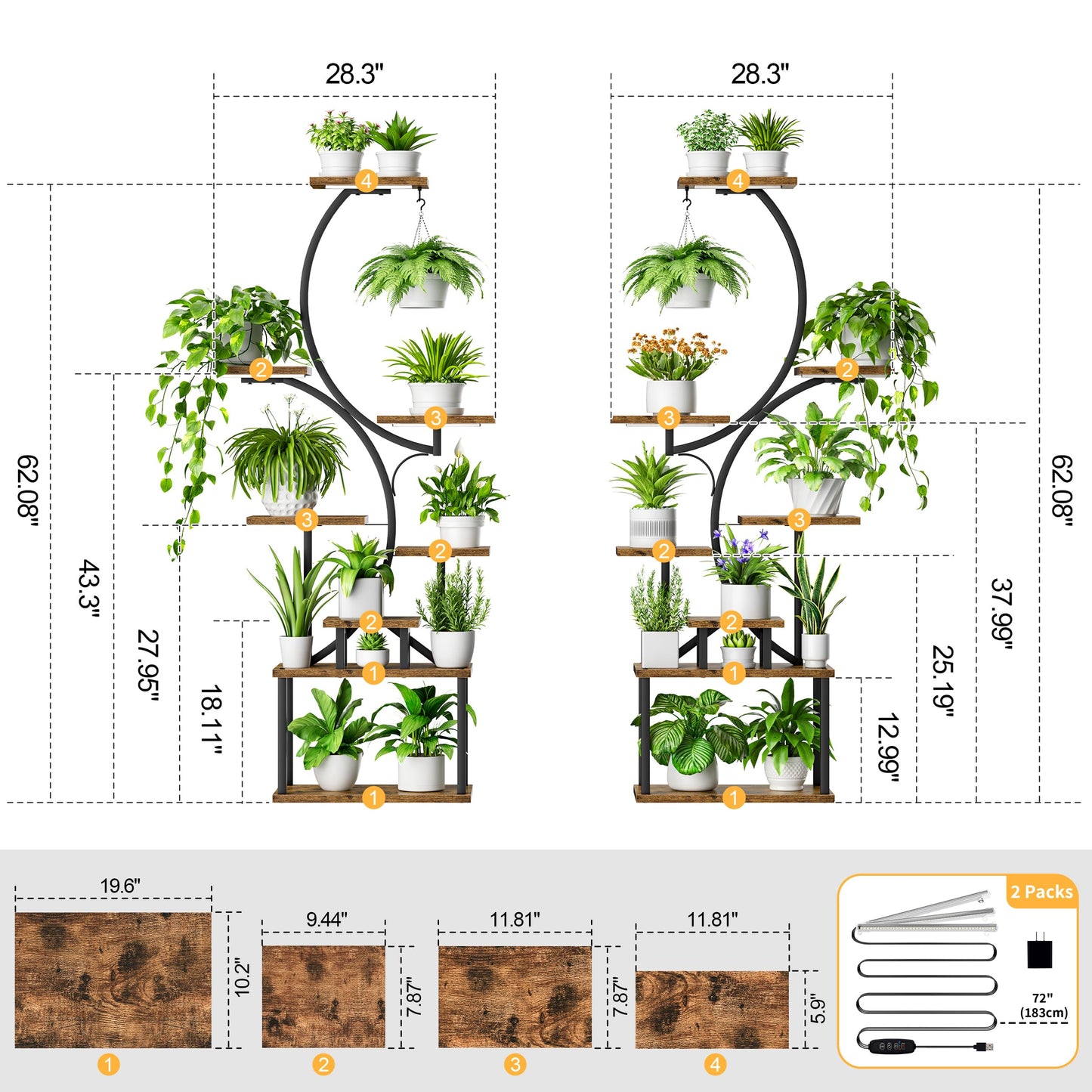 BACEKOLL Plant Stand Indoor with Grow Light - 2 Pack Tall Indoor Plant Shelf, 62" Corner Plant Holder, 8 Tiered Large S-Shape Flower Multiple Display Shelf for Home, Office