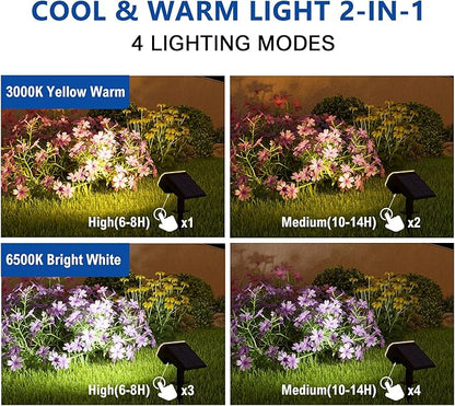 Solar Spot Lights Outdoor Waterproof IP65,6 Pack,2CCT(3000K/6500K), Super Bright LED, 4 Lighting Modes Selectable, Solar Powered Yard Garden Solar Spot Lights for Outside Landscape Auto On/Off