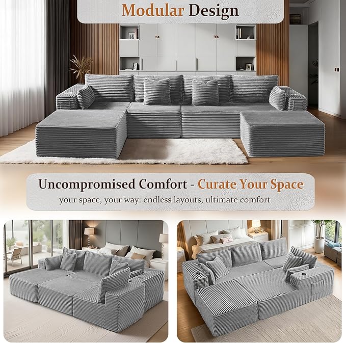 138" Oversized Cloud Sectional Couch, Comfort U Shaped Boneless Couch