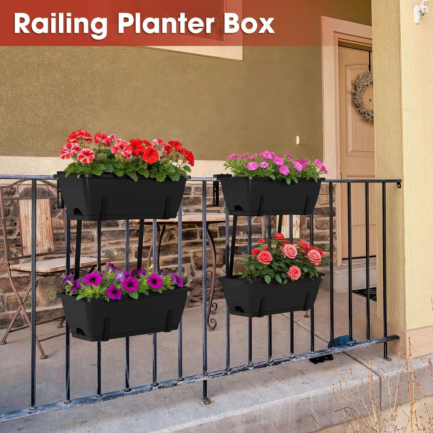 FANSXIVITA Rectangle Planters Box, 4 Pack Deck Hanging Planters for Railings, Window Box Planter with Drainage Holes & Trays, 16.9 Inch Balcony Planters Railing Hanging with Metal Brackets, Black