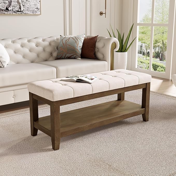 ABHENG Solid Rubber Wood Shoe Bench, Soft Chenille Material Upholstered Seat