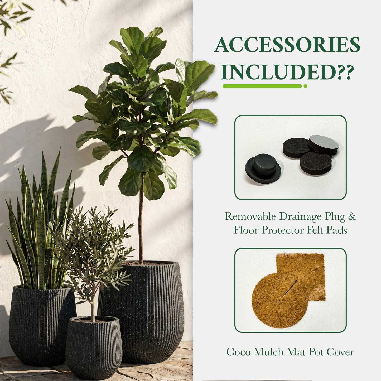 DTY Premium Mt Wilson Tall Tapered Fiberstone Planter for Indoor Outdoor Use, Modern Large Olive Tree Pot with Drainage Hole, 2 Coco Mats. Ribbed Black, Medium 15'' D x 16.7” H. 11.2” Pot Opening