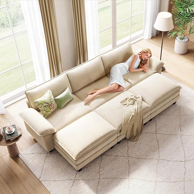 LINSY HOME 123" Modular Sectional Sofa, 3-Seat Corduroy Modern Cloud Couch