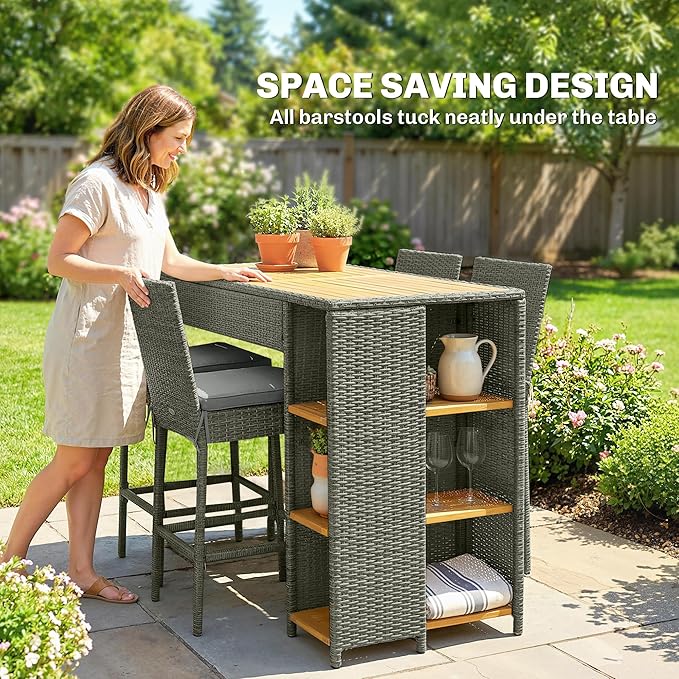 Outsunny 5 Piece Outdoor Bar Set, Wicker Outdoor High Top Table and Chairs