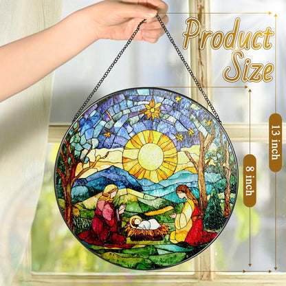 LAOWEIKI 8'' Stained Glass Suncatcher Decor, Window Hanging, Nativity Scene Ornament, Religious Christmas Ornaments, Christian Holiday Decor, Gifts for Christmas, Christian Gift, Religious Gift