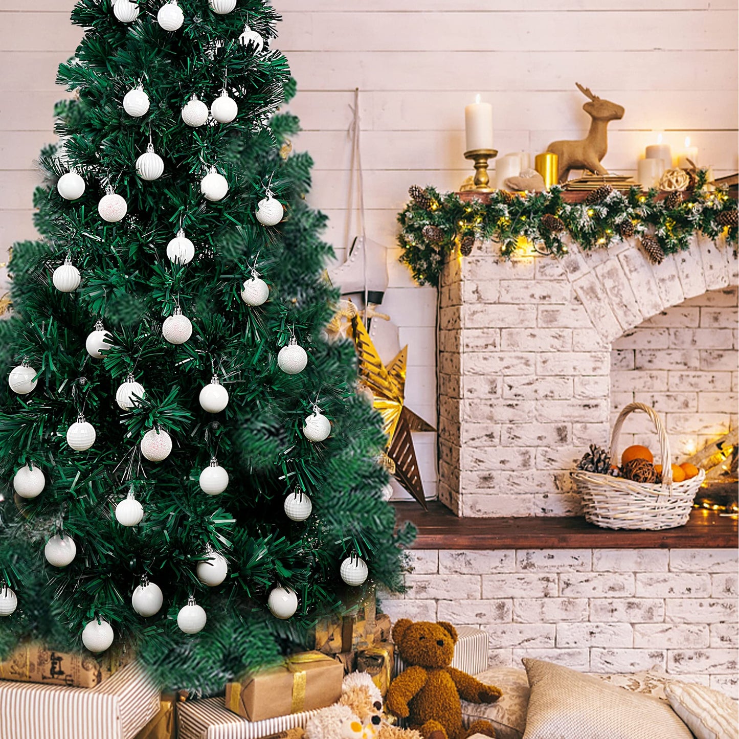 Lulu Home Christmas Ball Ornaments, 34 Ct 1.57" Pre-Strung Hanging Ornament Decorations, Xmas Shatterproof Plastic Balls for Holiday Party Wreath Garlands Trees, White