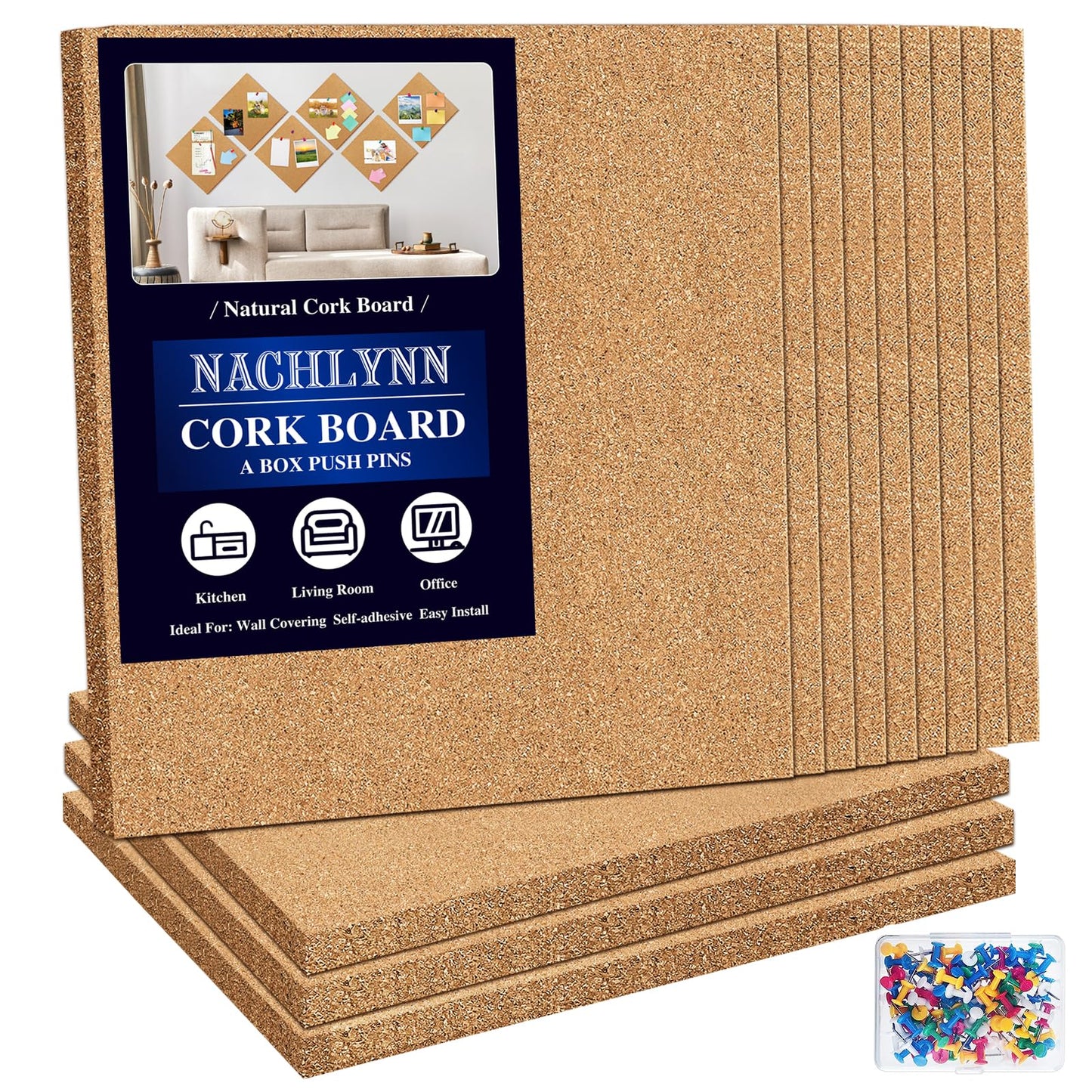 NACHLYNN Cork Board 12 Pack 12 x 12 Self-Adhesive Corkboards for Wall Square Bulletin Board with 100 Push Pins Frameless Cork Tiles for Walls Home Office