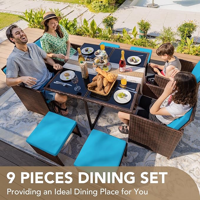 Devoko 9 Pieces Patio Dining Sets Outdoor Space Saving Rattan Chairs