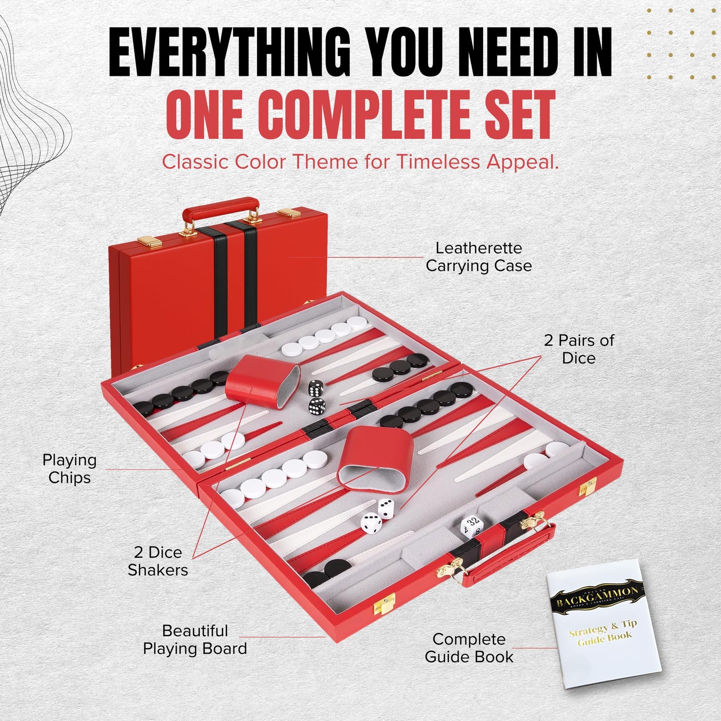 Premium Backgammon 18 Inches Large Red - Backgammon Sets for Adults and Kids - Leatherette Back Gammon Board Game Set - Travel Backgammon Set Board Encased with Accessories