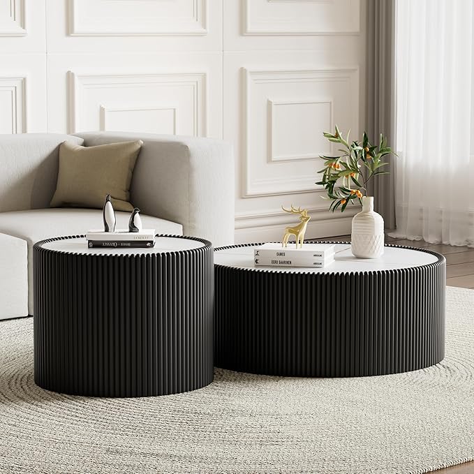 SSLine Round Drum Coffee Table Set of 2 Modern Sintered Stone Top Nesting