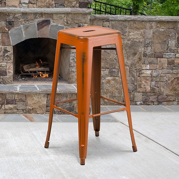 Flash Furniture Kai Commercial Grade 30" High Backless Distressed Orange Metal