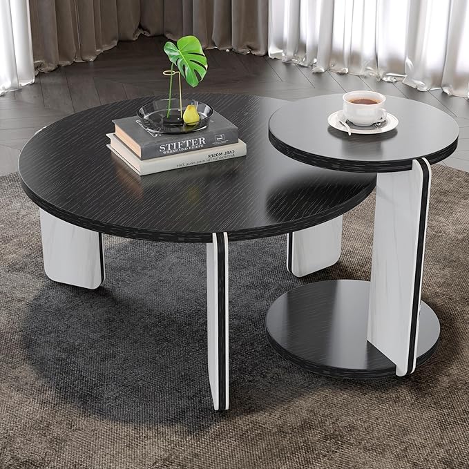 GDFStudio Round Nesting Coffee Table Set of 2, Modern Wooden Accent Side Table