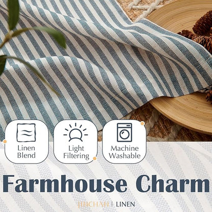jinchan Striped Linen Kitchen Curtains 30 Inches Length Tier Curtains Farmhouse Modern Cafe Style Small Window Treatments Airy Light Filtering Rod Pocket for Living Room Bathroom 2 Panels Blue