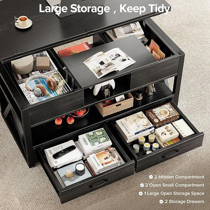 Memobarco 40" Lift Top Coffee Table,4 in 1 Multi-Function Lift Coffee Tables with Storage Drawers and Hidden Compartmen,Farmhouse Coffee Table with Lifting top for Living Room,Black