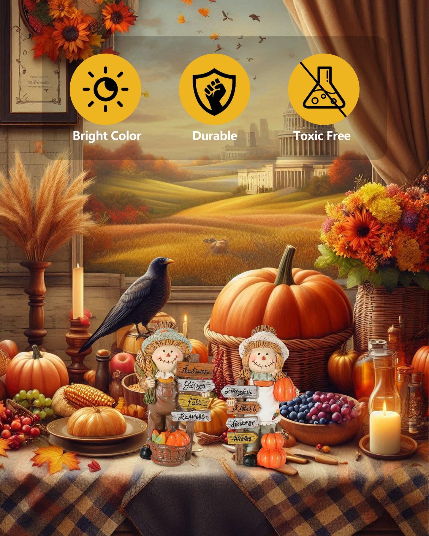 GoGnome 2-Pack Thanksgiving Scarecrow Figurines with Inspirational Autumn Plaques - Durable Resin 5.5'' Thanksgiving Table Decor - Fall Decorations Indoor Outdoor Harvest Gifts (Scarecrows)