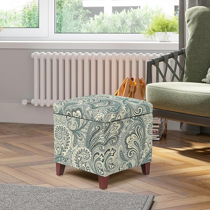 Adeco 18" Cube Storage Ottoman in Blue Paisley, Upholstered Linen Foot Stool &