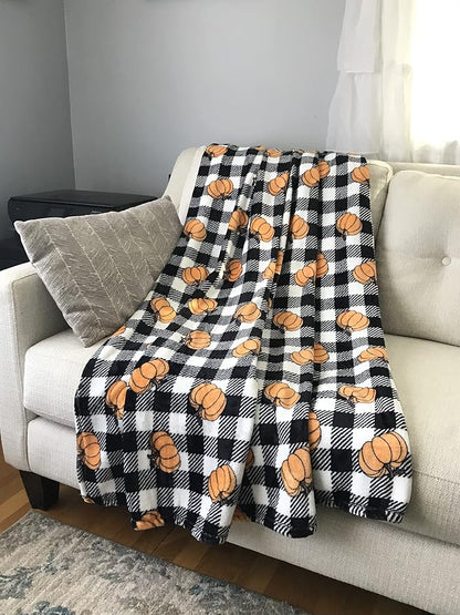 Fall Pumpkin Throw Blanket: Modern Farmhouse Country Black and White Check Plaid Extra Large 50" x 70"