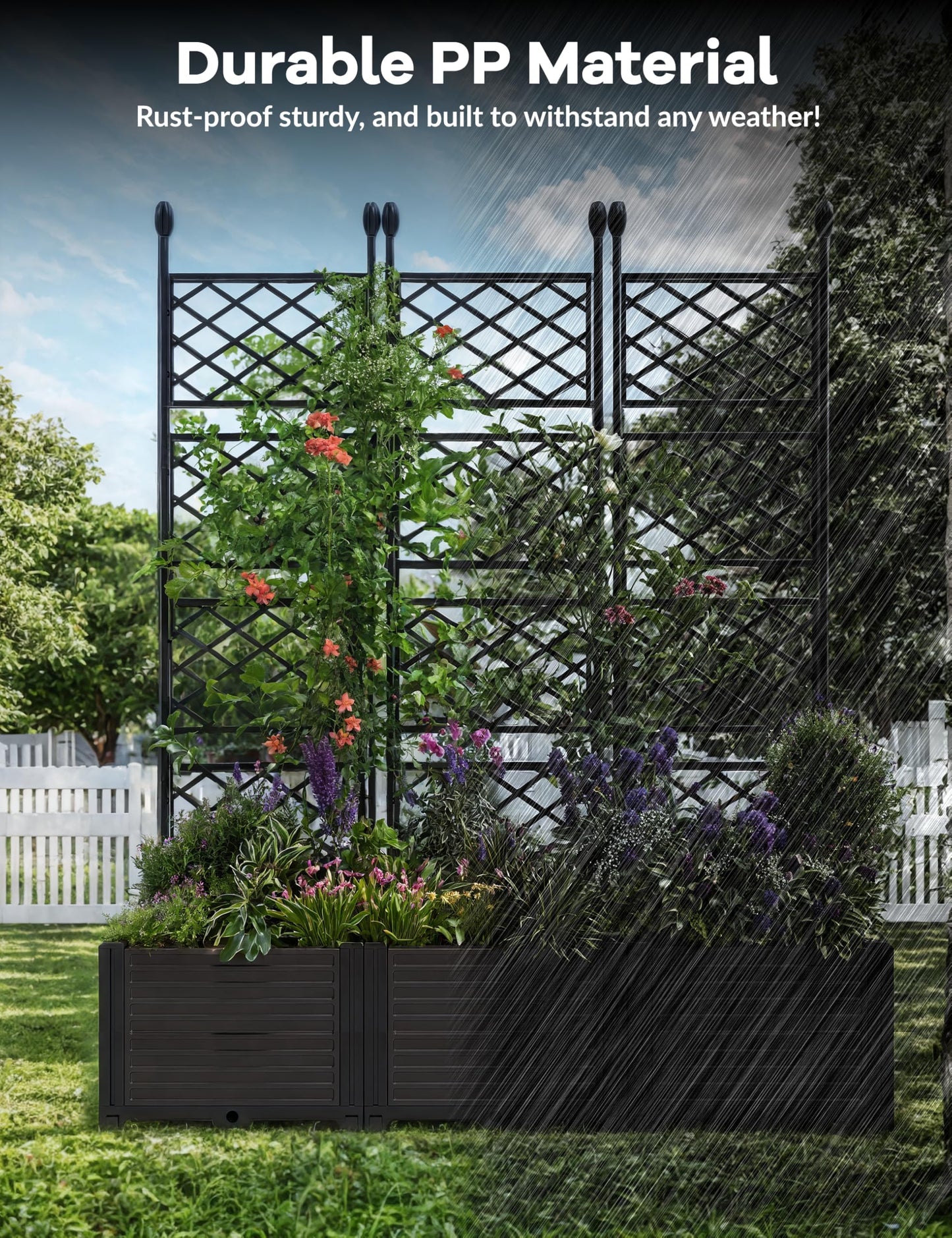 BouPower 3pcs Raised Garden Bed with Trellis, 63" h Tall Vertical Planter Box for Climbing Plants, Outdoor Garden Planter Box with Drainage Holes & Privacy Screen for Patio Balcony, Black