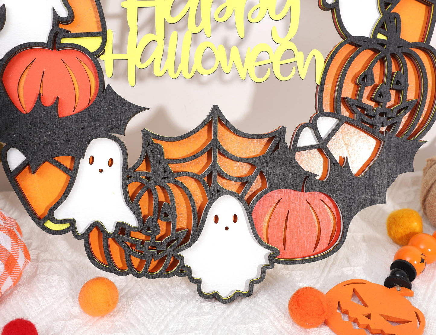 Happy Halloween Wooden Hanging Sign - Halloween Party Decorations, Halloween Ghost Sign, Bat Ghost Pumpkin Wreath, Halloween Garland, Wooden Wreath Wall Hanging Decor(HALLOWEEN SIGN)