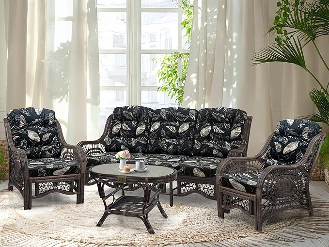 Malibu Lounge Set of 4: 2 Natural Rattan Wicker Chairs, Three-Seater Sofa and