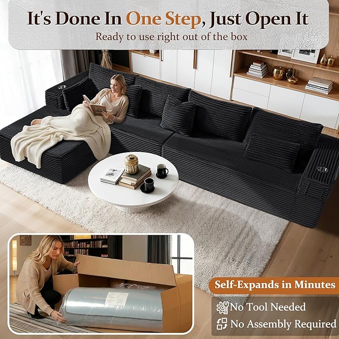 138" Cloud Sectional Couch, Comfort L Shaped Boneless Couch