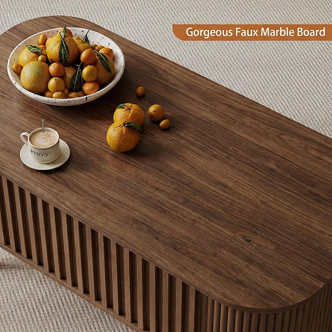 Lift Top Coffee Table with Storage, Faux Marble Top, Wood Fluted Center Table