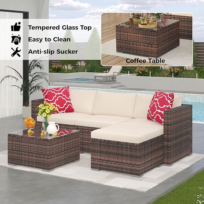 5-Piece L-Shaped Outdoor Patio Furniture Set, PE Wicker Sectional Sofa Set