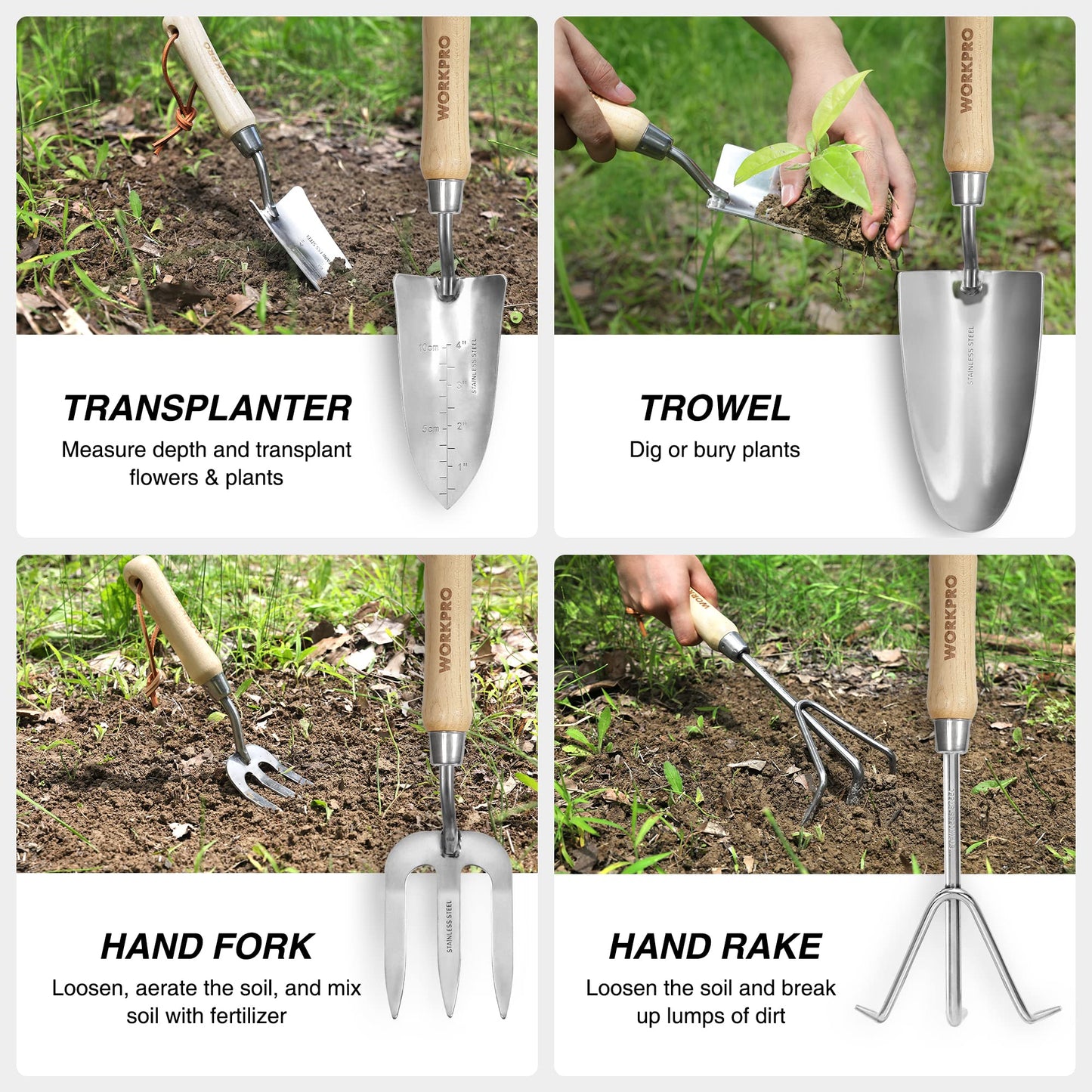 WORKPRO 8-Piece Pink Garden Tool Set, Stainless Steel Gardening Tools with Wood Handle, Including Garden Tote, Gloves, Trowel, Hand Weeder, Cultivator and More, Gardening Gifts For Women - Pink Ribbon