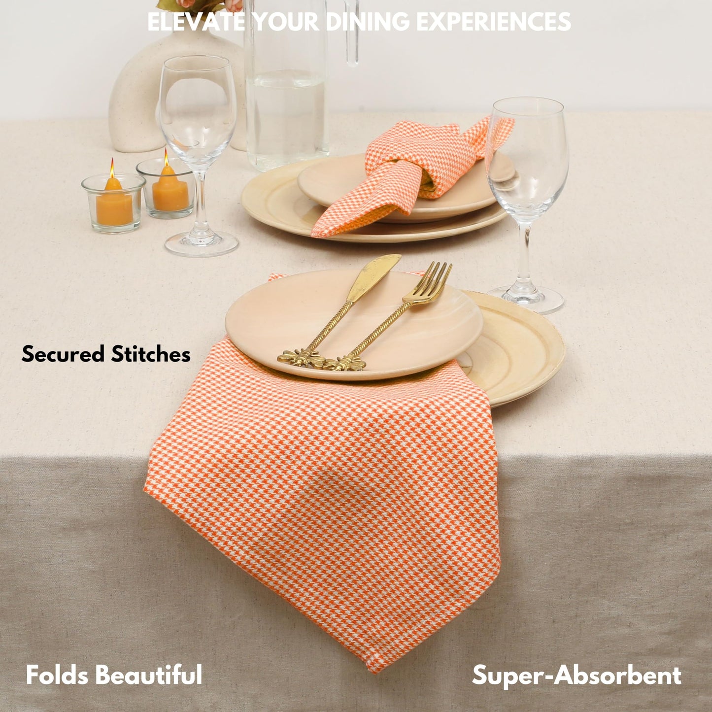 Softopia Cotton Napkin 100% Cotton 18 Inch x 18 Inch Dinner Houndstooth Check Napkins, Decorative Washable Cloth Napkin Set of 12 for Dining, Buffet Parties & Camping - Orange