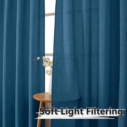 Tollpiz Linen Tier Curtains Rod Pocket Semi Sheer Short Kitchen Curtain Half Burlap Light Filtering Thick Linen Drape for Bathroom, 30 x 30 inches Long, Classic Blue, Set of 2 Panels