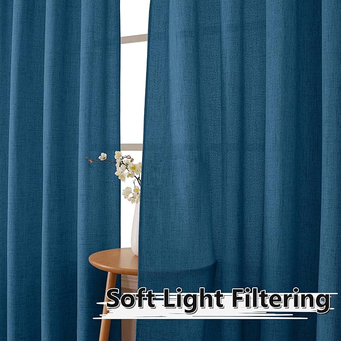 Tollpiz Linen Curtain Living Room Rod Pocket Semi Sheer Curtains Burlap Light Filtering Thick Linen Drape for Bedroom, 54 x 72 inches Long, Classic Blue, Set of 2 Panels