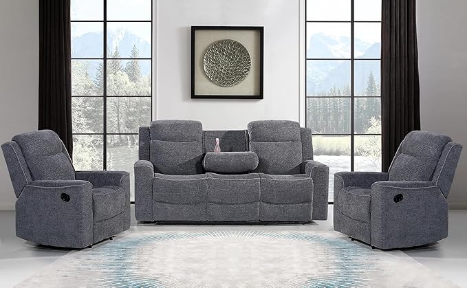 Betsy Furniture Soft Microfiber Manual Reclining Sofa Set, Sofa w/Dropdown Table