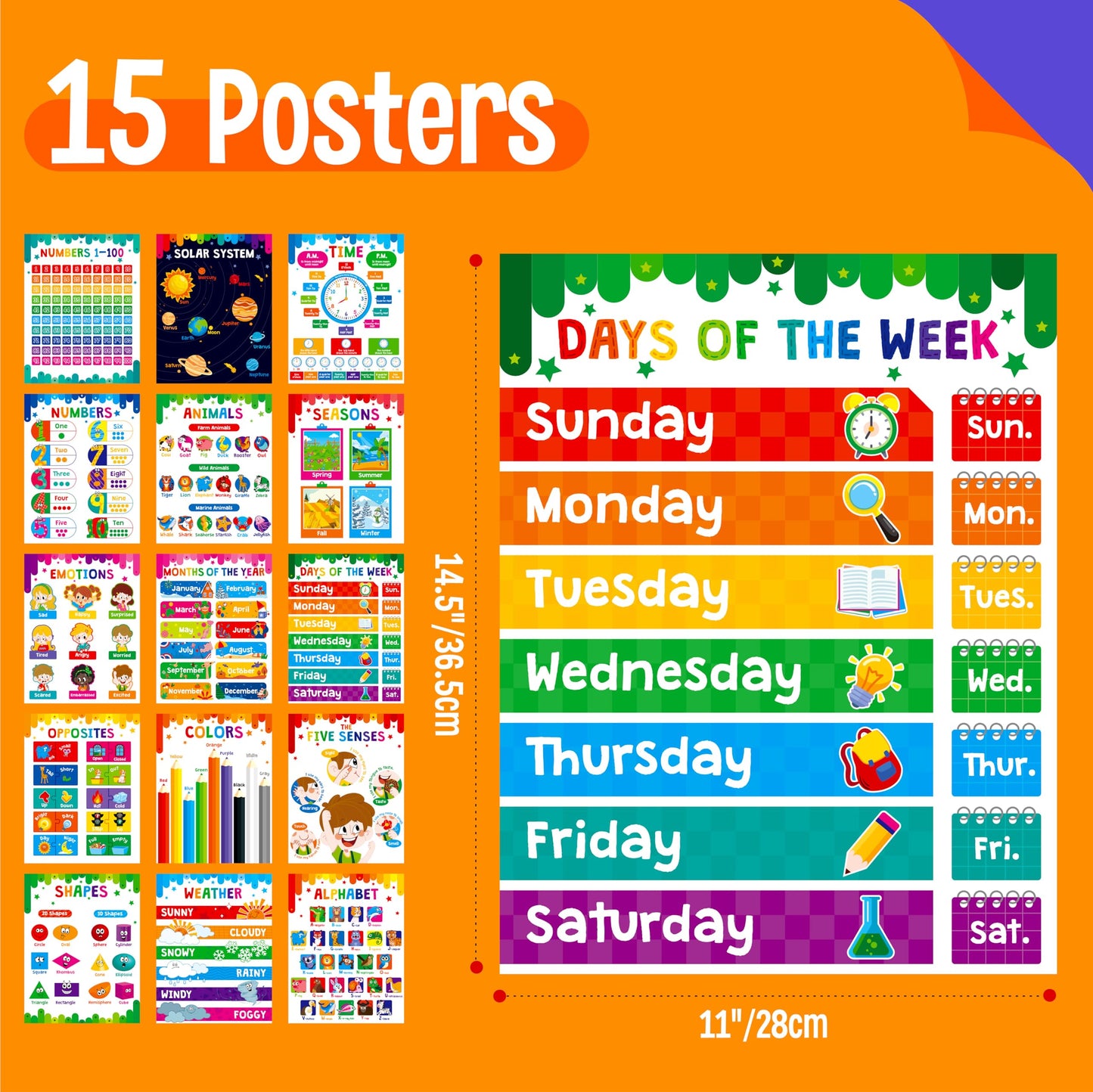 15 Packs Educational Poster, Thick Early Learning Posters Waterproof & Tear Proof with PET Film, Alphabet/Animals/Opposites/Emotions/Numbers Posters for Kindergarten Preschool Toddlers (14.5”x11”)