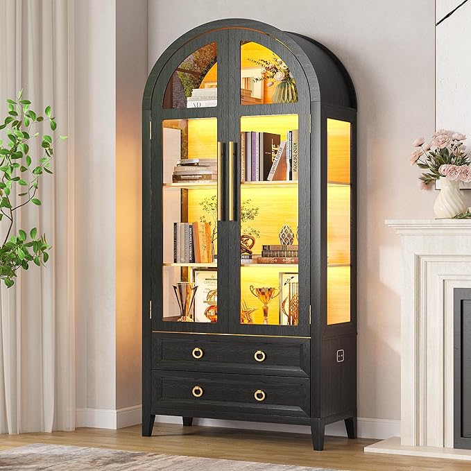 Arched Curio Cabinet with Glass Doors, 4-Tier Display Cabinet with 2 Drawers