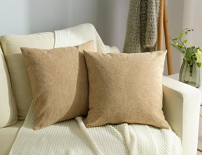 Stellhome Set of 2 Decorative Linen Throw Pillow Covers Square Farmhouse Burlap