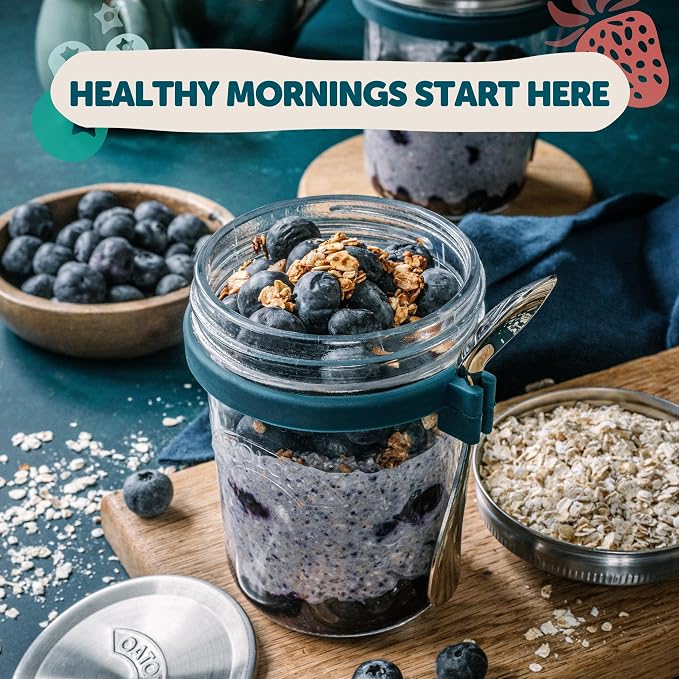 Overnight Oats Containers with Lids & Spoons - Stainless Steel Lid Leakproof Glass Jars for Chia Pudding & Yogurt for Healthy Breakfast On-the-Go - 16oz Set with Unique Milk Line - 4 Pack