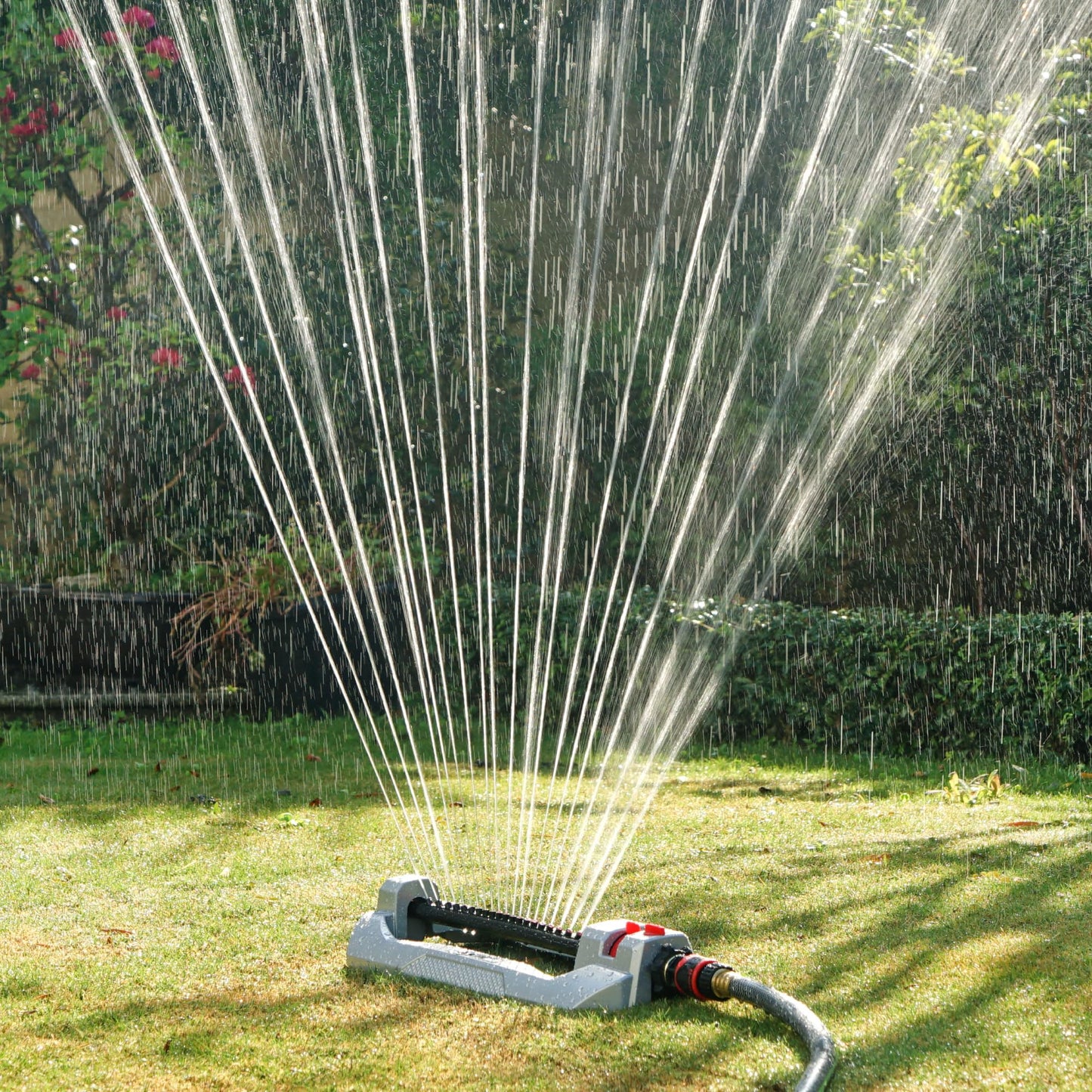 Eden 94111 Heavy Duty Metal Oscillating Sprinkler, Covers Up to 3,328 sq. ft., 20 Precision Nozzles, Flow Control, Adjustable Range, Quick Connect Bundle, Silver, Red, Black