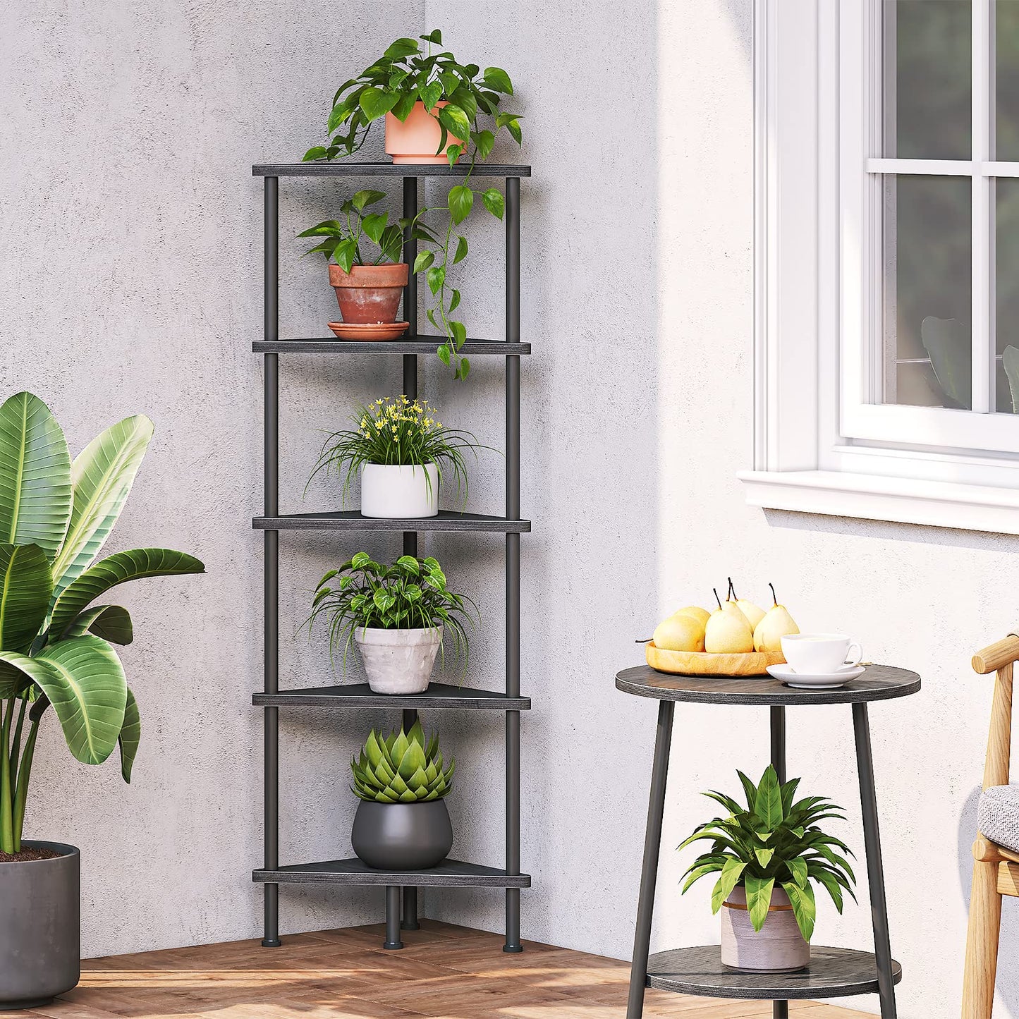 HOOBRO Corner Shelf Stand, Industrial 5-Tier Wall Corner Bookshelf with Metal Frame, Plant Display Shelf, Bookcase for Small Spaces, Bedroom, Living Room, Black BK33CJ01