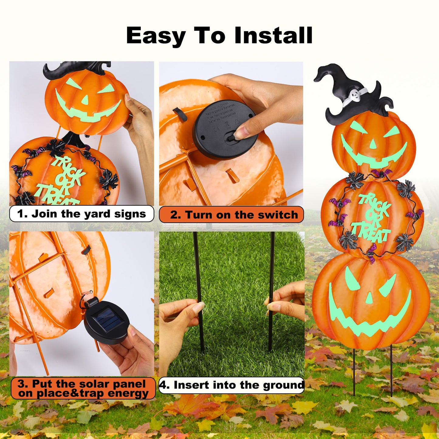 Fovths 6 Pieces 38.2 Inch Metal Halloween Pumpkins Yard Signs with Stakes Waterproof Solar String Lights Pumpkin Ghost Witches Hat Stakes for Halloween Theme Party Outdoor Garden Lawn Decor