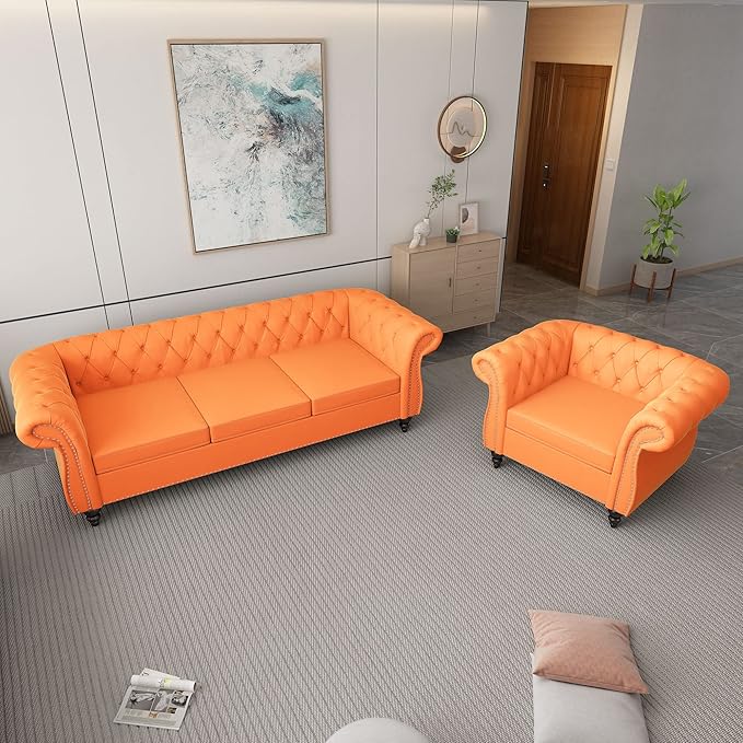 ORRD 2 Piece Living Room Set, Velvet Chesterfield Sofa Couch Chair