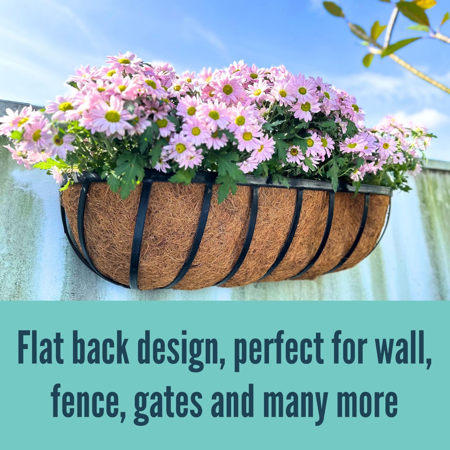 LaLaGreen Fence Planters for Outdoor Plants (24 Inch, 4 Pack) Black Metal Window Boxes Planter To Attach To House, Wall Mounted Flower Coco Baskets Outside Deck Railing Balcony Garden Porch Patio Rail