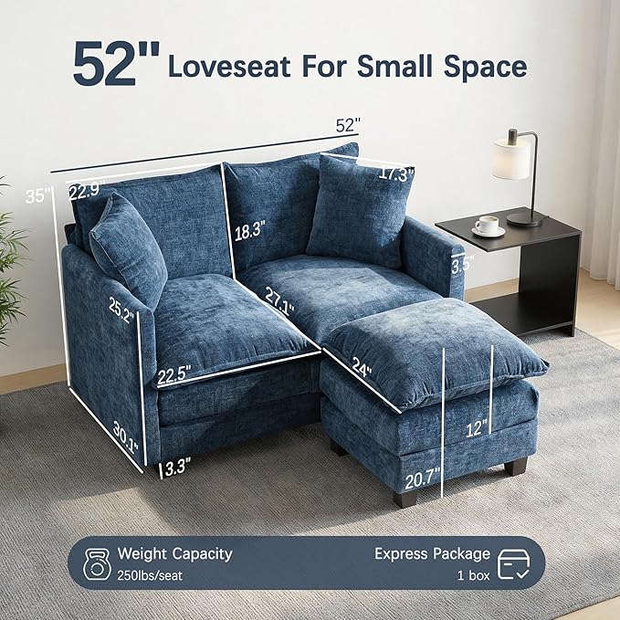 Loveseat Sofa with Ottoman, Comfy Chenille Small Couch